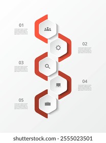 Step by step red infographic template with 5 steps, options, parts or processes.