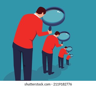 Step by step review, big businessman holding magnifying glass to examine small businessman.