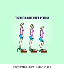 Step by step series of the eccentric calf raise exercise. Hand drawn vector illustration.