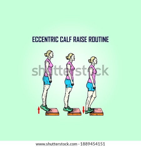 Step by step series of the eccentric calf raise exercise. Hand drawn vector illustration.