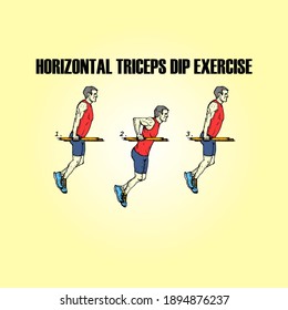 Step by step series of the horizontal triceps dip exercise. Hand drawn vector illustration.