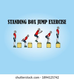 Step by step series of the standing box jump exercise. Hand drawn vector illustration.