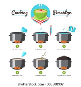 Step by step set icons instruction for the preparation of cooking porridge vector illustration