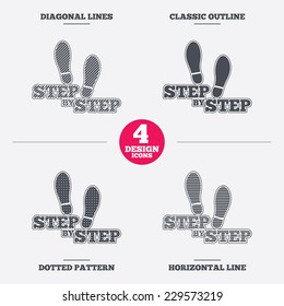 Step by step sign icon. Footprint shoes symbol. Diagonal and horizontal lines, classic outline, dotted texture. Pattern design icons.  Vector