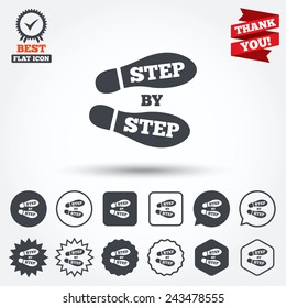 Step by step sign icon. Footprint shoes symbol. Circle, star, speech bubble and square buttons. Award medal with check mark. Thank you ribbon. Vector