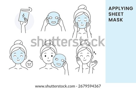 Step by Step Skincare Applying Sheet Mask Illustration. Cute Girl Facial Care Routine.