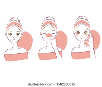 Step by step for the treatment of blackheads on the nose using pore pack. Beauty cartoon illustration