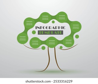 Modelo infográfico de árvore passo a passo com 8 etapas, opções, partes ou processos.
