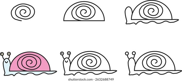Step by step tutorial to draw a cute pink snail in simple cartoon style, ideal for kids’ learning, art worksheets, and preschool activities