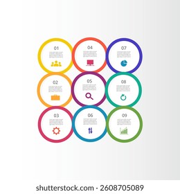 Step by step vector infographic template with 9 options, parts or processes.