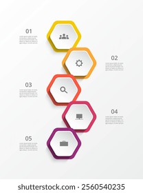 Step by step vertical infographic template with 5 steps, options, parts or processes.