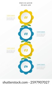 Step by step vertical infographic template with 4 options, parts or processes. Blue and yellow colors.