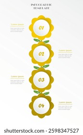 Step by step vertical infographic template with 4 options, parts or processes. Creative yellow flowers concept.