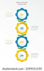 Step by step vertical infographic template with 4 options, parts or processes. Creative yellow and blue flowers concept.