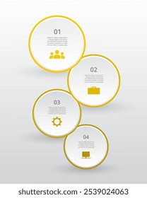 Step by step yellow circle infographic template with 4 steps, options, parts or processes.