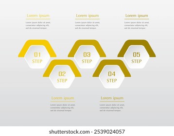 Step by step yellow infographic template with 5 steps, options, parts or processes.