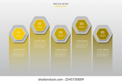 Modelo infográfico amarelo passo a passo com 5 etapas, opções, partes ou processos.