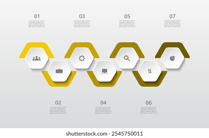 Modelo infográfico amarelo passo a passo com 7 etapas, opções, partes ou processos.