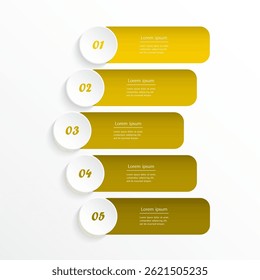 Step by step yellow infographic template with 5 options, parts or processes.