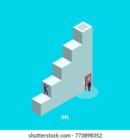 step chart and people in business suits trying to get on top of it, isometric image