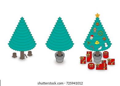 Step of chopping timber by axe make Christmas Tree concept idea illustration colorful isolated on white background, vector eps10