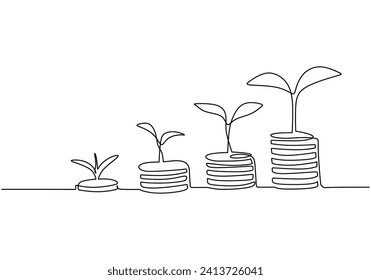 Step of coins stacks in continuous single line drawing. One hand drawn vector illustration minimalist.