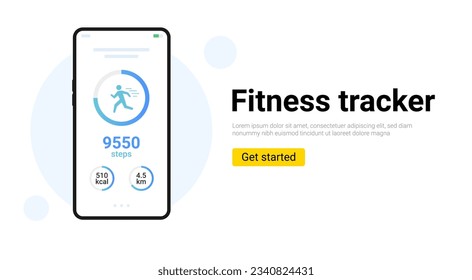 Step counter fitness tracker app design. Walk flat health fit activity vector smart phone watch step counter