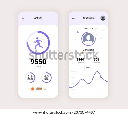 Step counter fitness tracker app design. Walk flat health fit activity vector smart phone watch step counter