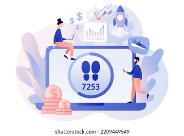 Step counter online. Pedometer, fitness tracker concept. Walking to earn money mobile app. Digital sneaker. Crypto currency coin. Modern flat cartoon style. Vector illustration on white background