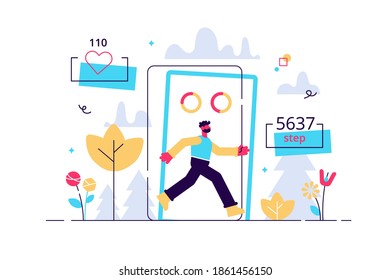 Step counter and pedometer activity app measurement tiny persons concept. Sport tracker and heart rate monitoring device with daily footsteps information vector illustration. Exercise distance data.