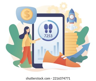 Step counter in smartphone. Walking to earn money mobile app. Pedometer, fitness tracker concept. Digital sneaker. Crypto currency coin. Modern flat cartoon style. Vector illustration 