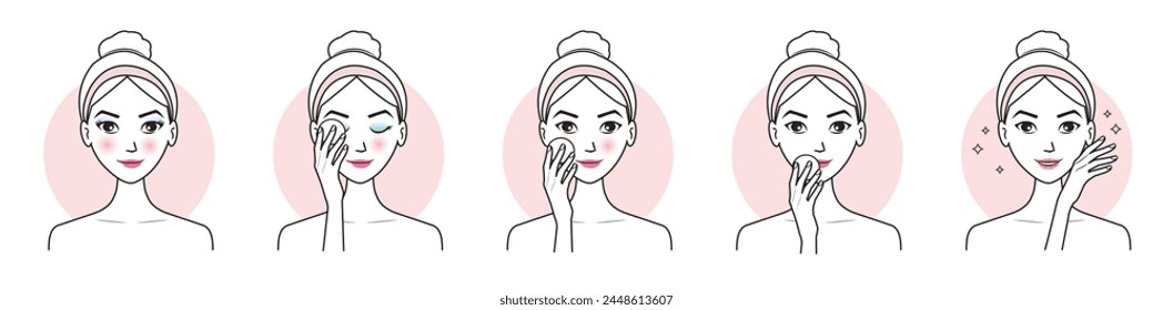 Step of cute woman remove makeup from face set vector illustration isolated on white background. Makeup remover, mascara, eyeliner, foundation, blush, lipstick and lip color with cotton pad.