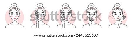 Step of cute woman remove makeup from face set vector illustration isolated on white background. Makeup remover, mascara, eyeliner, foundation, blush, lipstick and lip color with cotton pad.