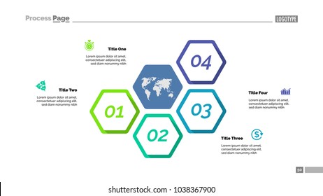 Step diagram with four elements and map. Process chart, hexagon, slide template. Creative concept for infographics, presentation, project. Can be used for topics like business, management, finance