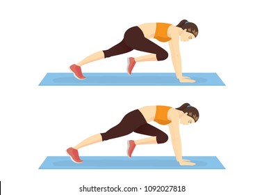 Step of doing the Mountain climber exercise by healthy woman. Illustration about exercise guide.