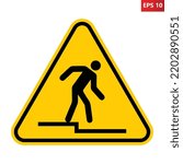 Step down warning sign. Vector illustration of yellow triangle sign with man stepping down. Caution risk of falling symbol isolated on white background. Single-stepped change of level. 