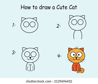 Step to step draw a Cute Cat. Good for drawing child kid illustration. Vector illustration