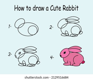 Step to step draw a Cute Rabbit. Good for drawing child kid illustration. Vector illustration