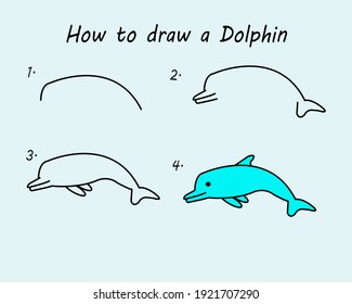 paso a paso dibujar un delfín. Es bueno para dibujar una ilustración infantil. Ilustración del vector