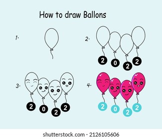 paso a paso dibujar globos graciosos. Es bueno para dibujar una ilustración infantil. Ilustración del vector
