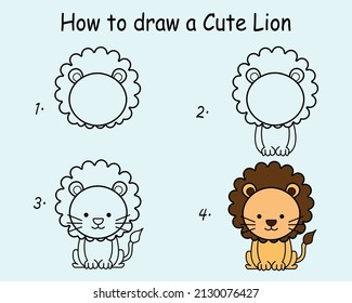 Step to step draw a Funny Lion. Good for drawing child kid illustration. Vector illustration