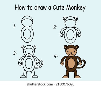 Step to step draw a Funny Monkey. Good for drawing child kid illustration. Vector illustration