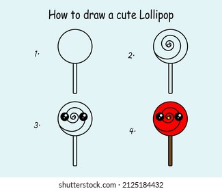 step to step draw a Lollipop. Good for drawing child kid illustration. Vector illustration
