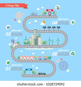 Step Of Ecology City With Town Road Infographic. Vector Illustration