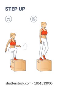 Step Up Exercise for Female Home Workout Guidance. Colorful Illustration a Young Woman in Sportswear Top, Leggings, and Sneakers Does the Escalation on Box.