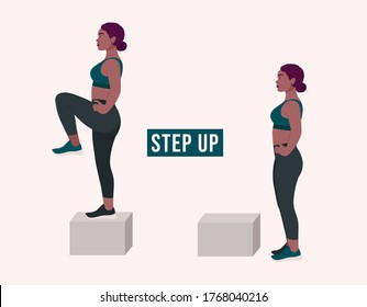 Step Up Exercise, Woman Workout Fitness, Aerobic And Exercises. Vector Illustration.