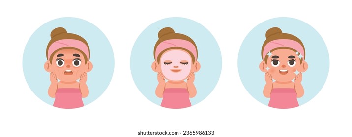 Step of face masking half body white girl illustration cartoon character vector design on white background. beauty concept.