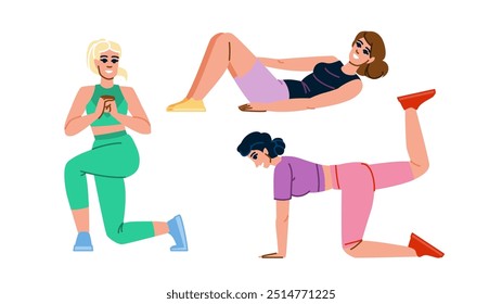 step fitness exercises leg vector. ups press, raises hamstrings, quads glutes step fitness exercises leg character. people flat cartoon illustration