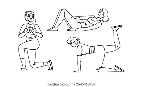 step fitness exercises leg vector. ups press, raises hamstrings, quads glutes step fitness exercises leg character. people black line pencil drawing illustration