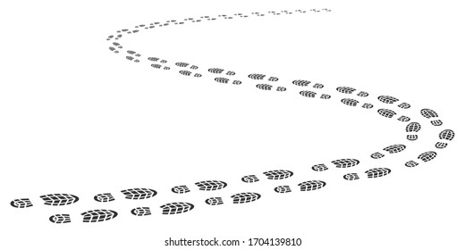 Step footprints paths, footstep prints and shoe steps going in perspective. shoe tread footprints vector illustration isolated on white background